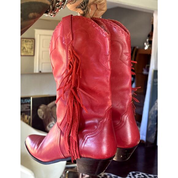 Vintage ACME Red Leather Fringe Cowboy Boots – Women’s Size 8 - Picture 3 of 6